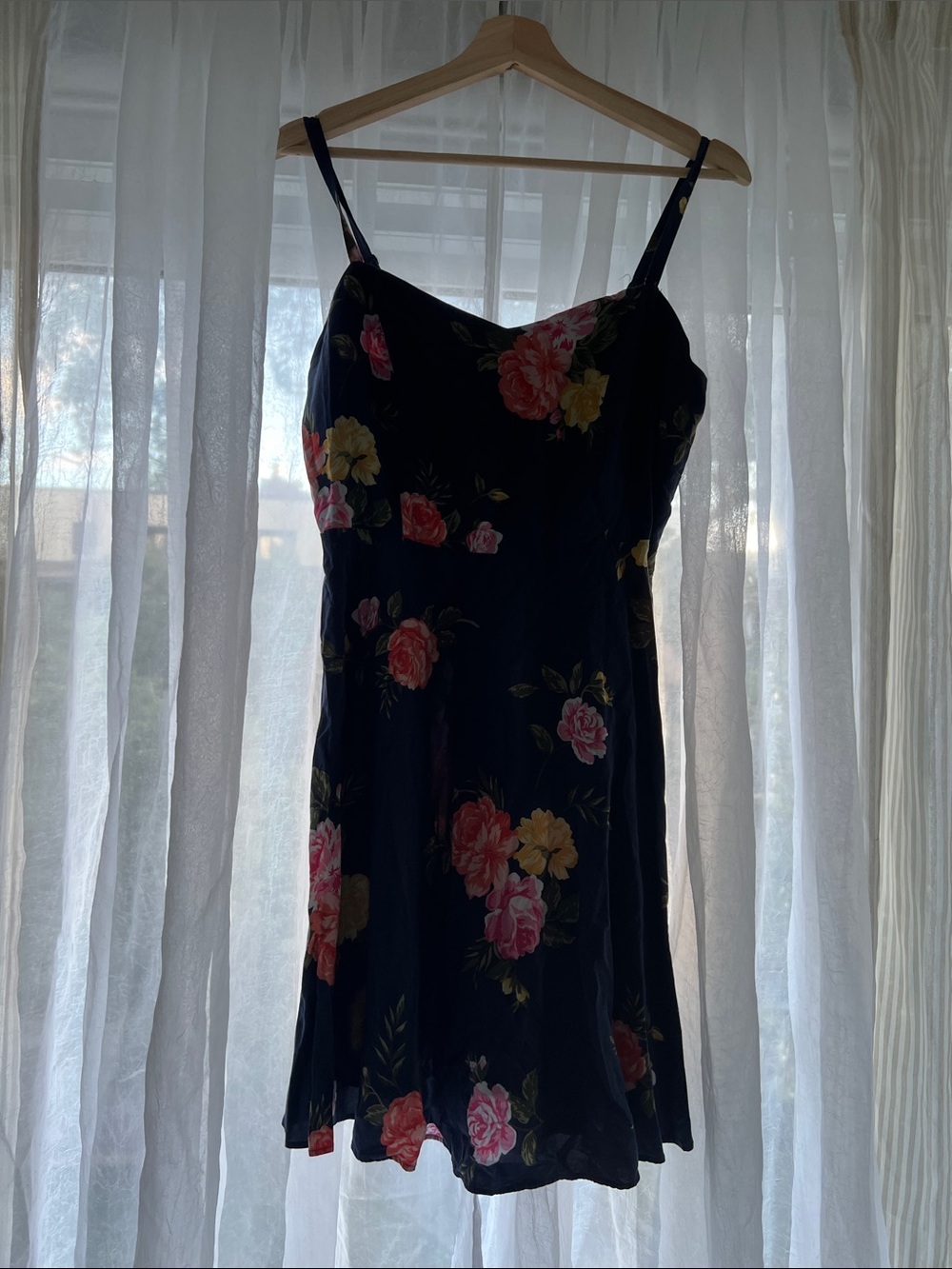 Floral Spaghetti Strap Sundress - Black with Pink & Yellow Roses